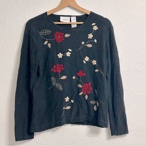 Liz Claiborne Floral Design Black Crew Sweater, Size M